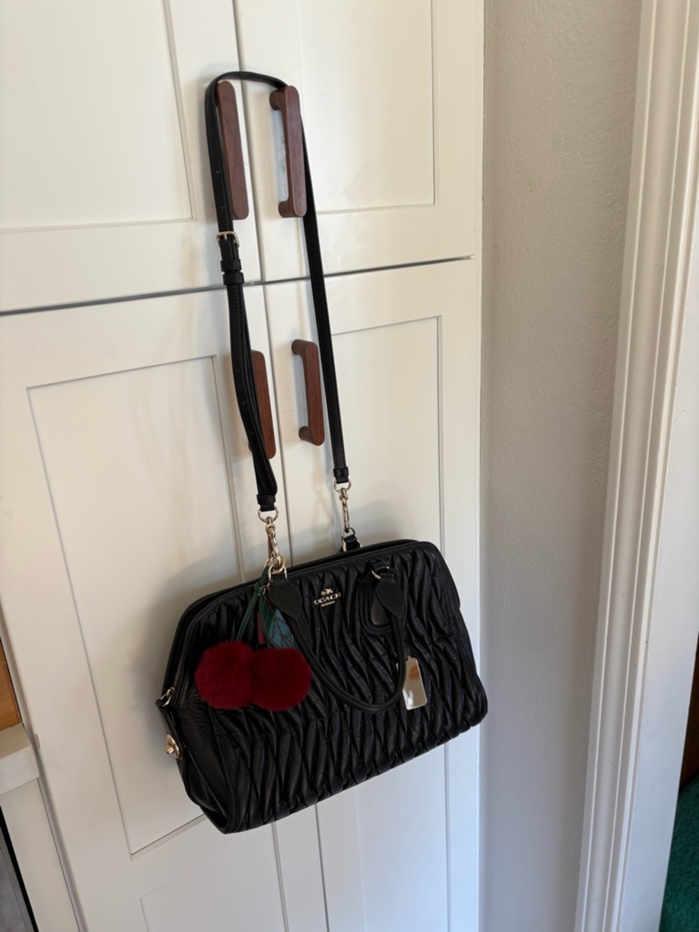 Coach Black Quilted Leather Shoulder Bag with Red Pom Pom Charm - Picture 4 of 12
